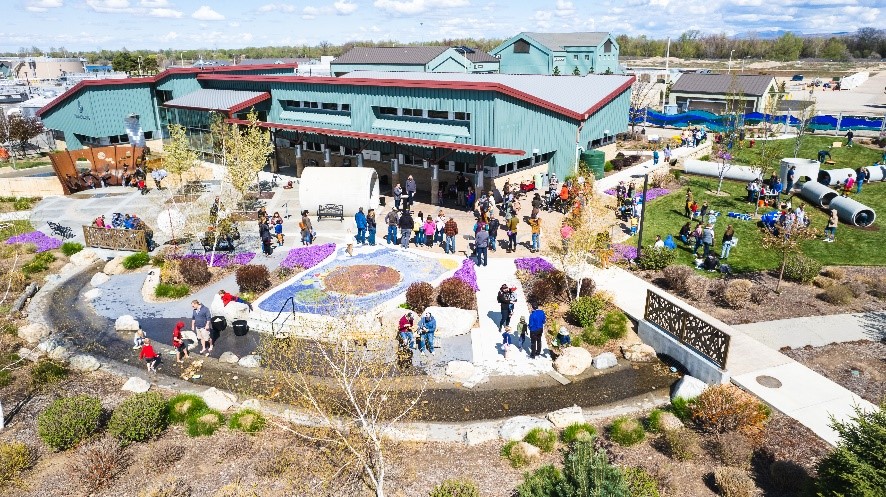 A panoramic aerial photo of the WaterShed campus during an event. Several people are attending, and many of the outdoor exhibits and public art are included in the photo.