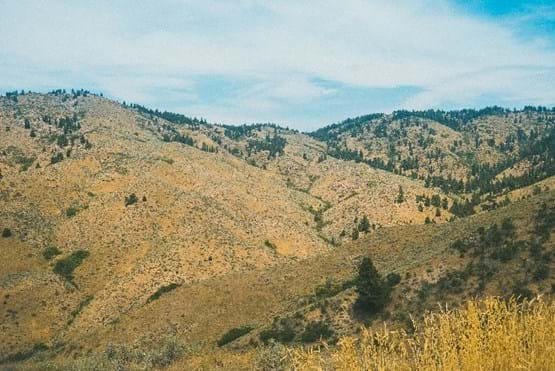 View of the foothills with blue skies and clouds.