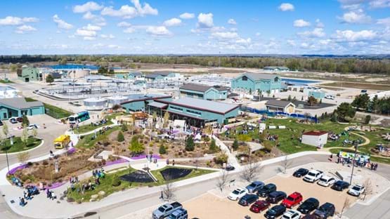 Arial view of WaterShed from the outside during the day.