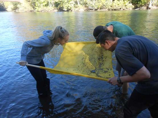 People standing in Boise River looking at sediment and debris scooped from the water onto fabric collector.