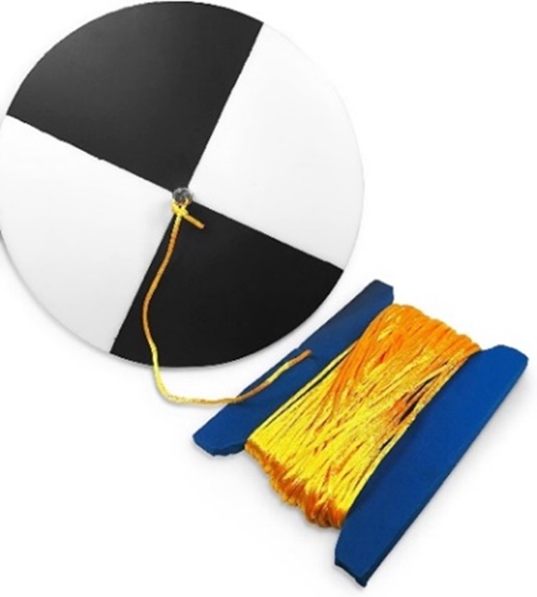 The Secchi Disk is colored in black and white quadrants, and attached from the center to a string.